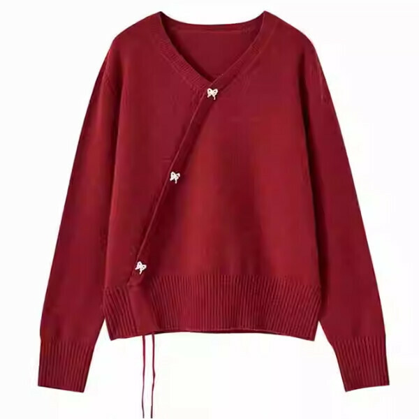 Popular red V-neck knitted cardigan (red) (S/M/L size, please contact customer service after placing the order for delivery size)