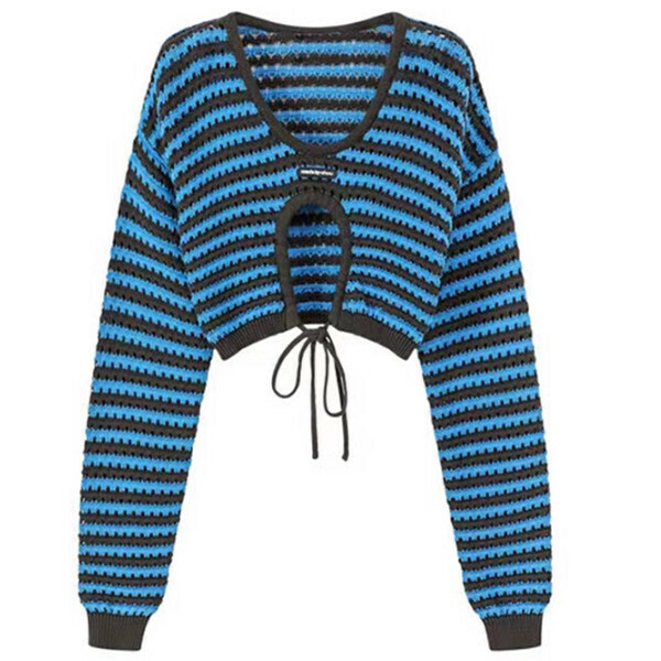 Hot style hollow lace-up knitted blouse (blue) (S/M/L size, please contact customer service after placing the order for delivery size)