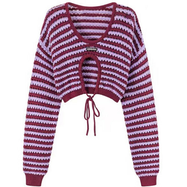 Hot style hollow lace-up knitted blouse (purple) (S/M/L size, please contact customer service after placing the order for delivery size)