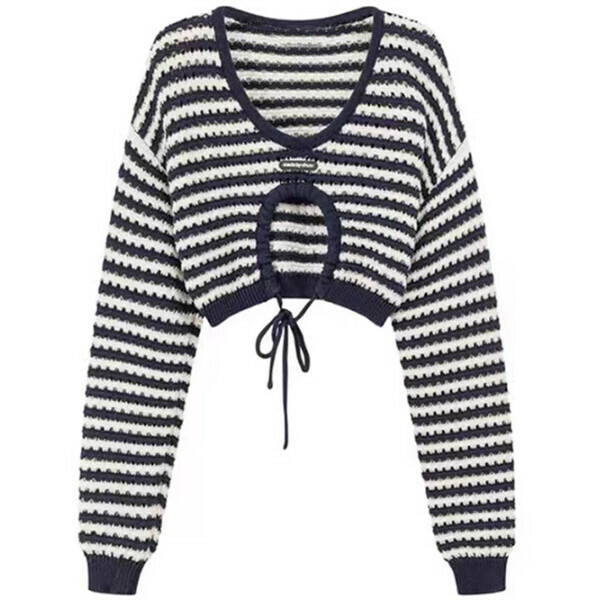 Hot style hollow lace-up knitted blouse (navy blue) (S/M/L size, please contact customer service after placing the order for delivery size)
