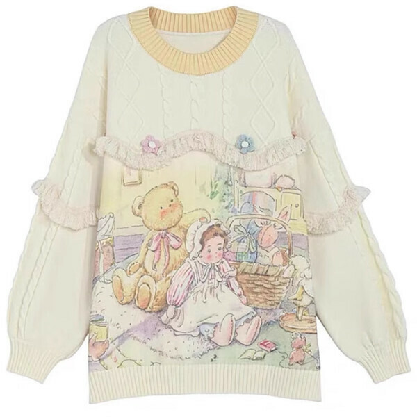 Popular cartoon jacquard sweater (beige) (S/M/L size, please contact customer service after placing the order for delivery size)