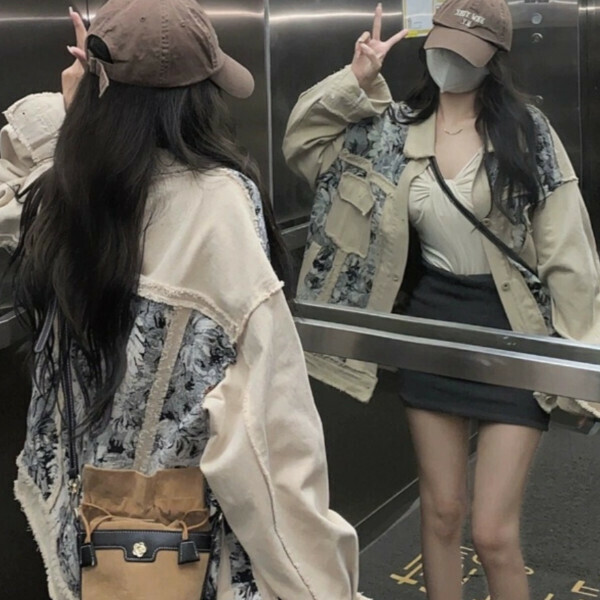Popular patchwork denim jacket (khaki) (S/M/L/XL/2XL for sizes shipped after placing an order, please contact customer service)