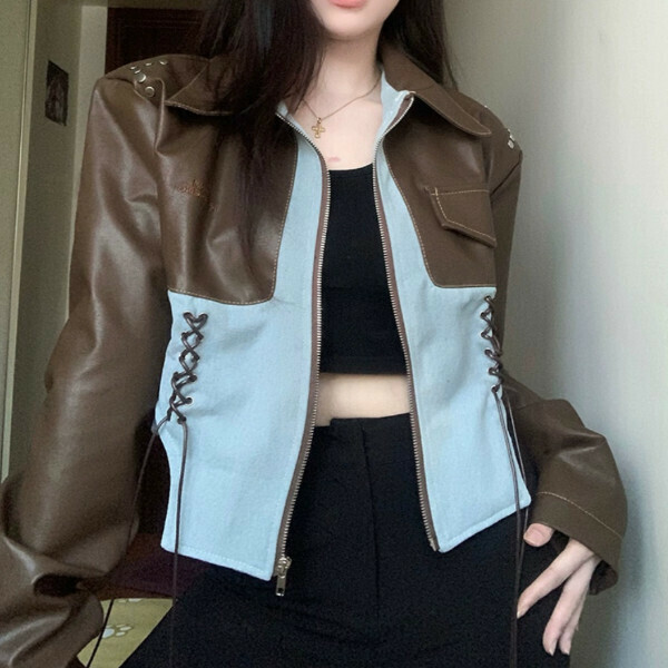 爆款拼接皮衣外套（藍色）（S/M/L/XL/2XL下單後與客服聯系發貨的尺碼）