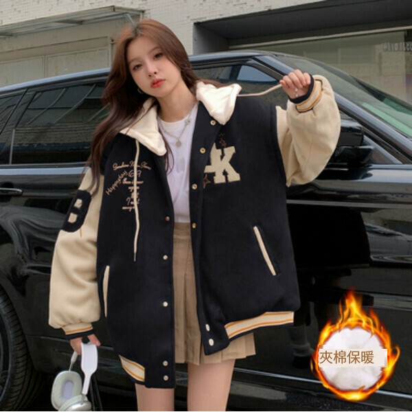 Popular spliced ​​hooded jacket (black quilted thickening) (S/M/L/XL/2XL size will be shipped after placing the order and contact customer service)