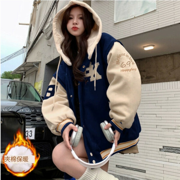 Popular spliced ​​hooded jacket (navy blue quilted thickening) (S/M/L/XL/2XL size will be shipped after placing the order and contact customer service)