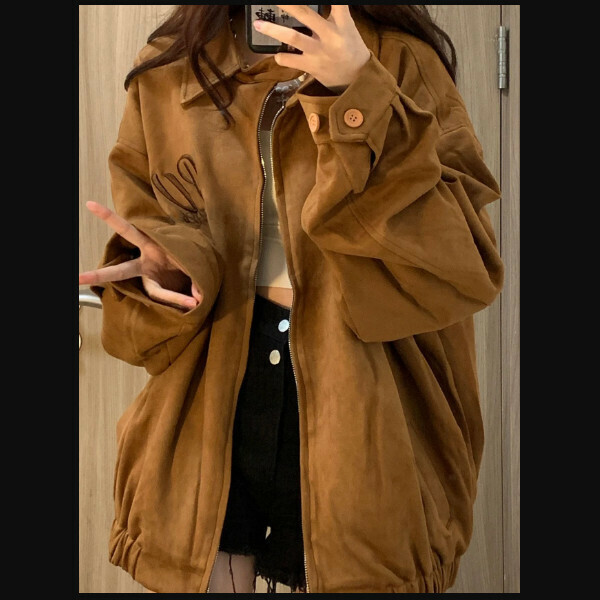 新款外套女春秋冬季設計感小眾刺繡寬鬆開衫夾克上衣（深棕色）（S/M/L/XL/2XL下單後與客服聯繫發貨的尺碼）