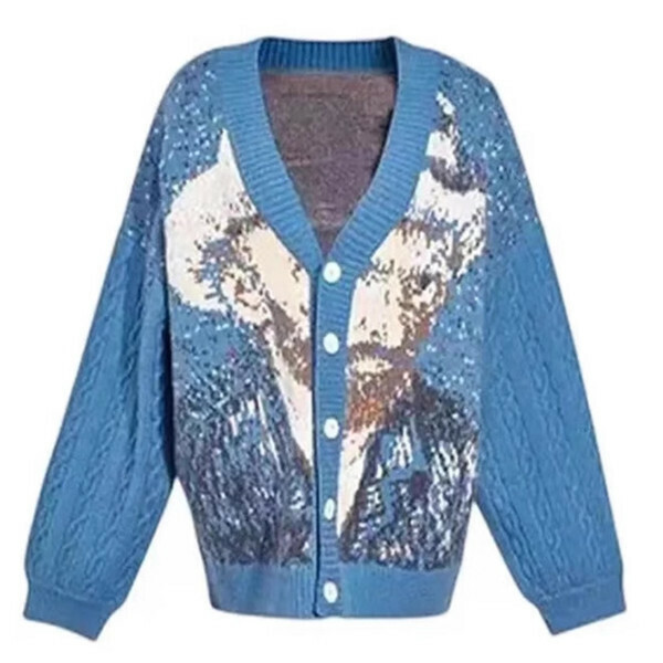 New style oil painting jacquard knitted cardigan (blue) (S/M/L size, please contact customer service after placing the order for delivery size)