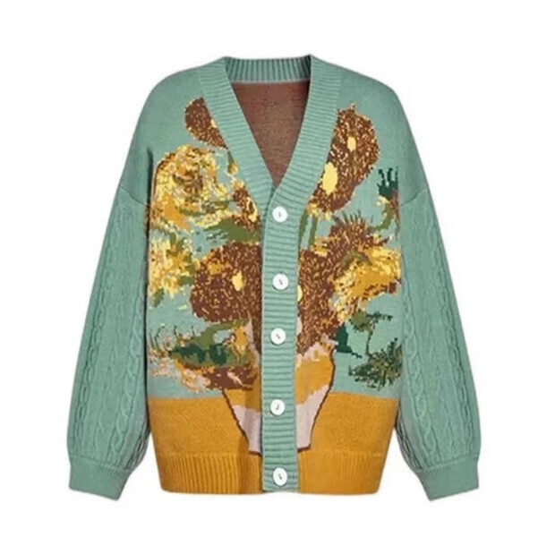 New style oil painting jacquard knitted cardigan (green) (S/M/L size, please contact customer service after placing the order for delivery size)