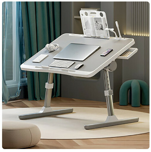 Hot Selling Folding Computer Desk Adjustable Angle Lift Table (Gray White) (Single Drawer + Bookshelf + USB + Fan + Lamp)