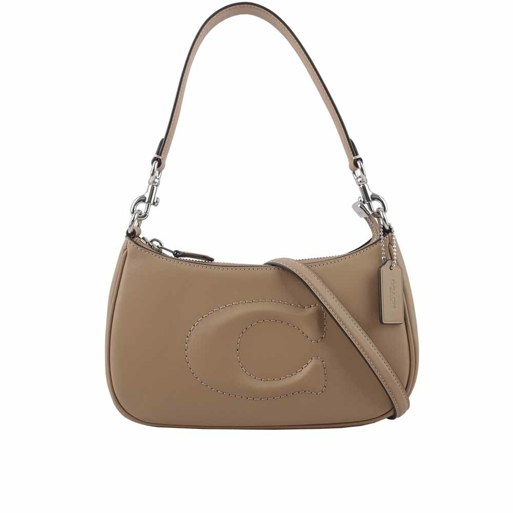 【COACH】Teri 銀釦縫線標誌平滑皮革二用包(奶茶色) CR099 SVTP