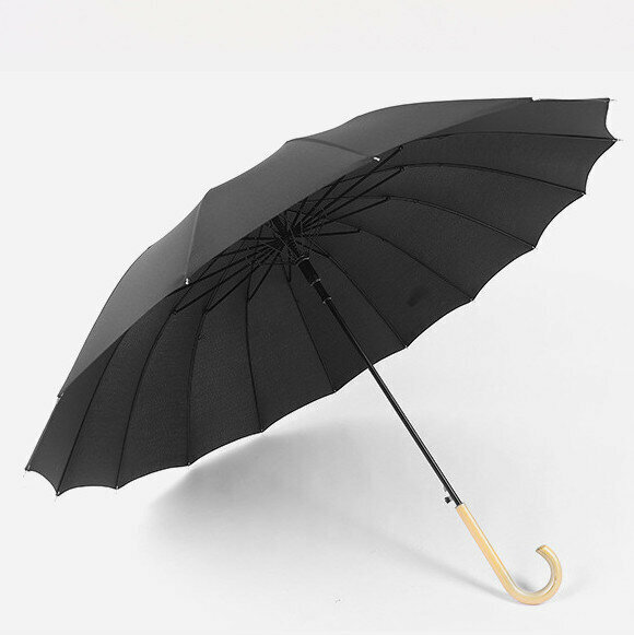 [Wooden handle/black] High-quality enlarged version of double automatic straight umbrella with curved handle with 16-bone fiber ribs