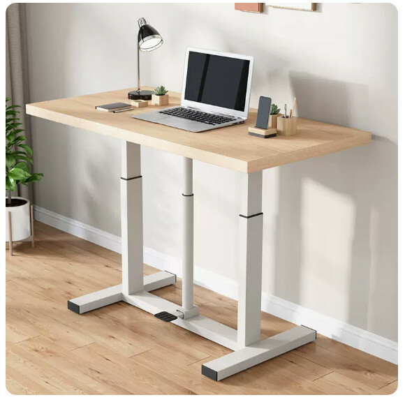 Hot selling lifting computer desk, dressing table, TV stand, multi-purpose design (white wax oak) white frame + foot pressure lifting 140x70cm