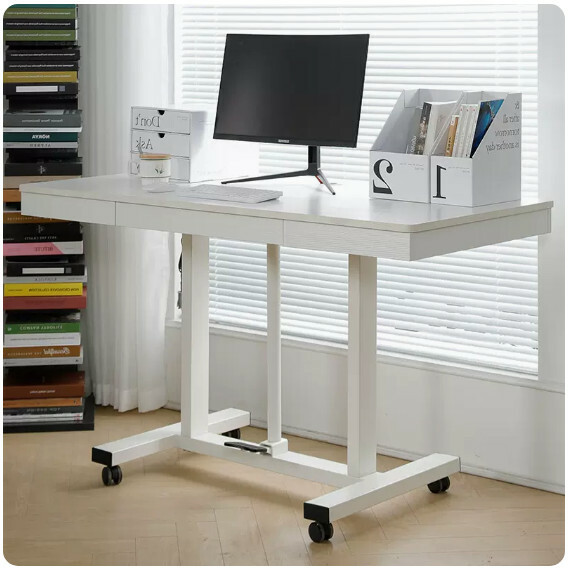 Hot selling lifting computer desk, dressing table, TV stand, multi-purpose design (white wood grain) drawer + white shelf + foot pressure lift 120x60cm