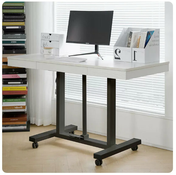 Hot selling lifting computer desk, dressing table, TV stand, multi-purpose design (white wood grain) drawer + black frame + foot pressure lift 120x60cm