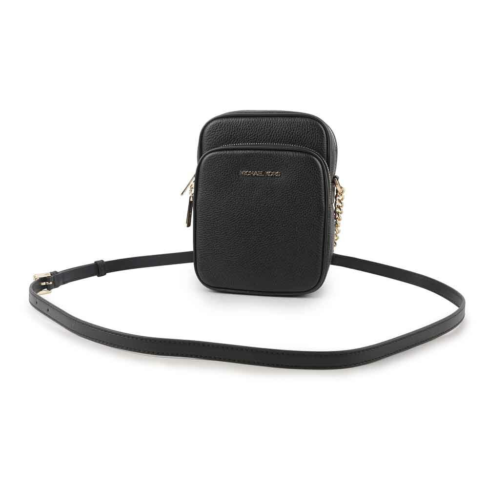 【Michael Kors】金字荔枝皮革拉鍊中款直式斜背包(黑色) 35H3GTVC2L BLACK
