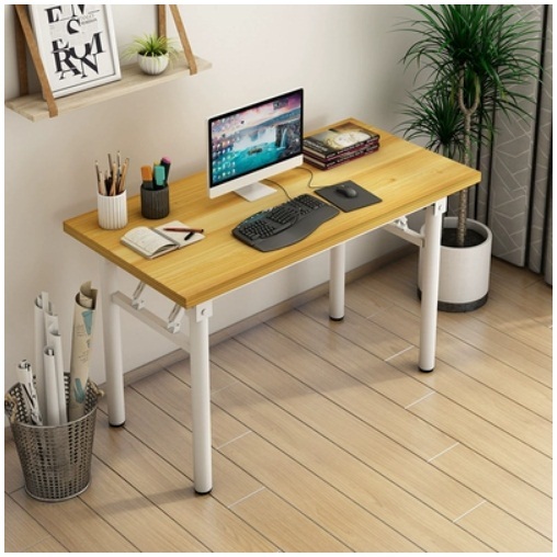 Hot selling folding table conference table study table computer table dining table (round tube) wood grain color + white feet 80x40x75cm