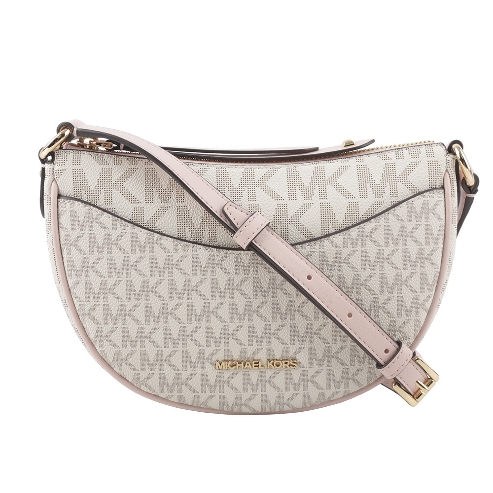 【Michael Kors】Dover 金字版滿塗層帆布半月形斜背包(粉色) 35R3G4DC5B PWDBL