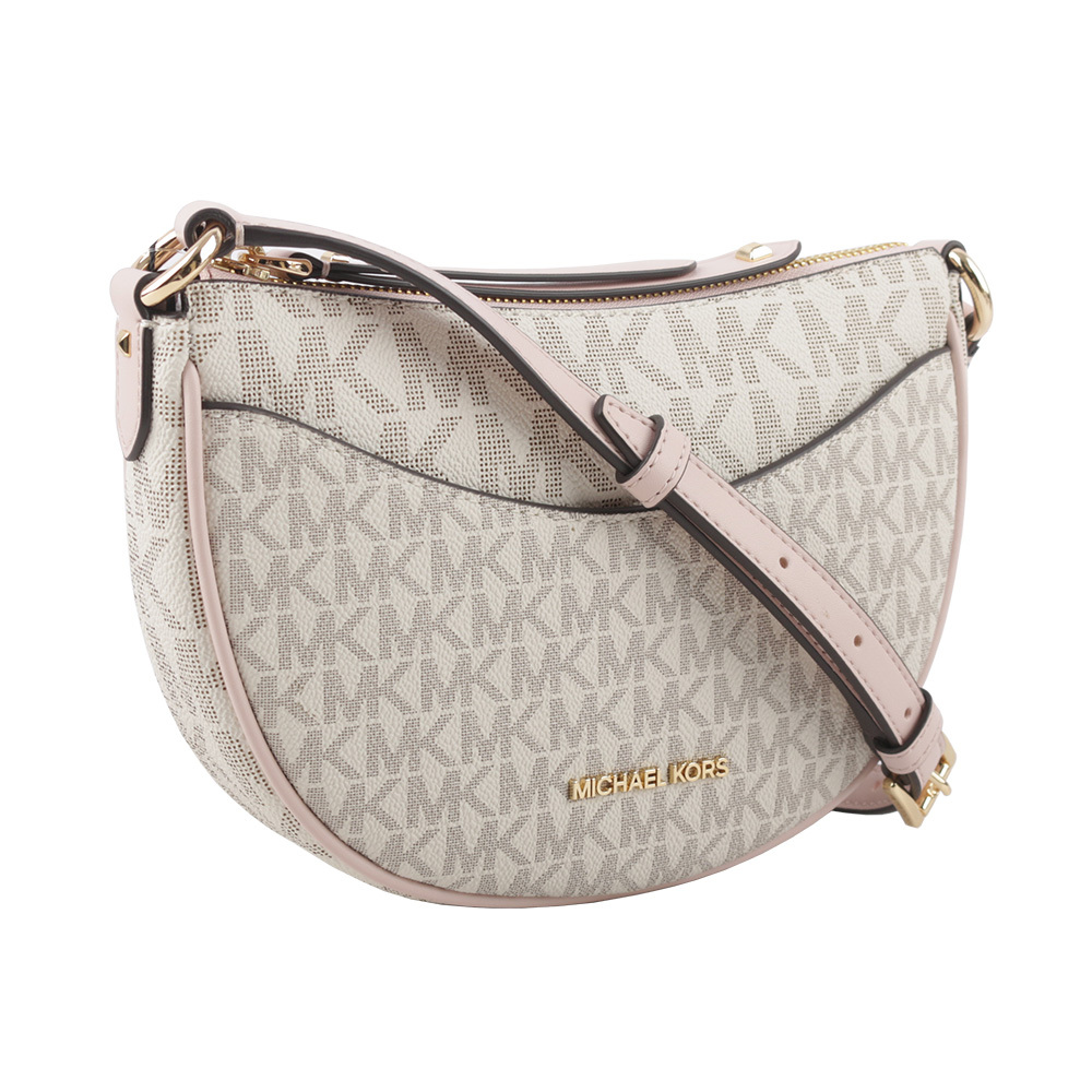 【Michael Kors】Dover 金字版滿塗層帆布半月形斜背包(粉色) 35R3G4DC5B PWDBL