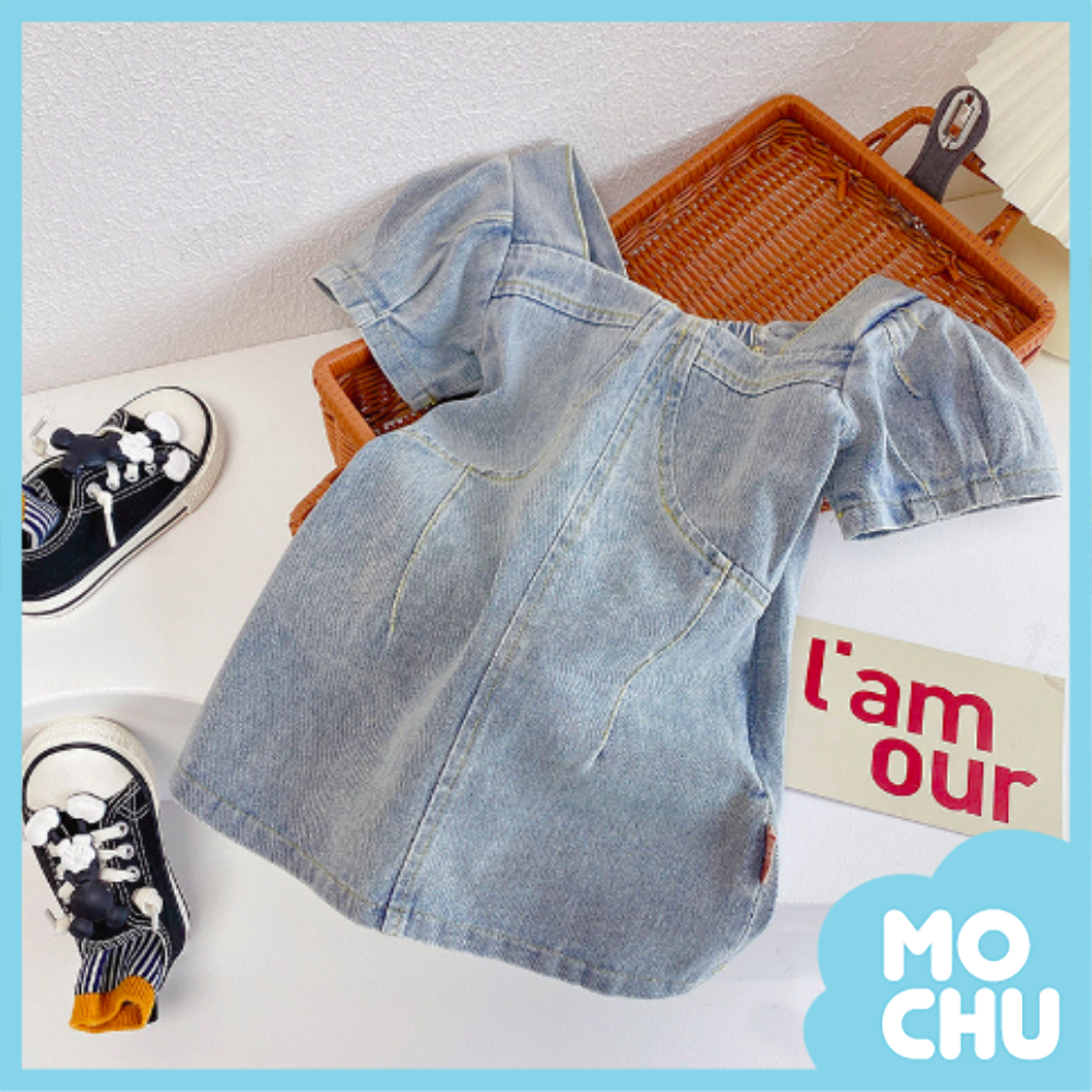 刷色泡泡袖牛仔洋裝