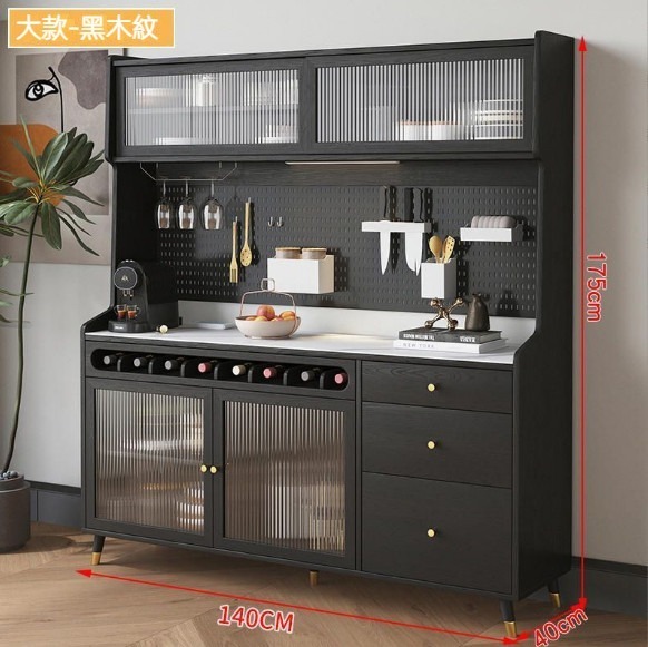 新款一體靠牆餐邊櫃 儲物櫃（黑木紋-環保板材）（尺寸：140*40*175cm）