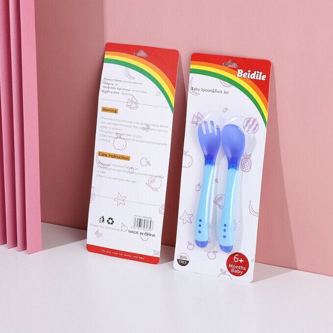 【1 Pack】Color-changing Temperature Supplement Food Spoon [Fork and Spoon Combo Blue (English Card Packing)]