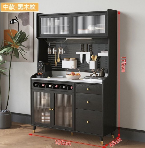 新款一體靠牆餐邊櫃 儲物櫃（黑木紋-實木生態板）（尺寸：100*40*175cm）