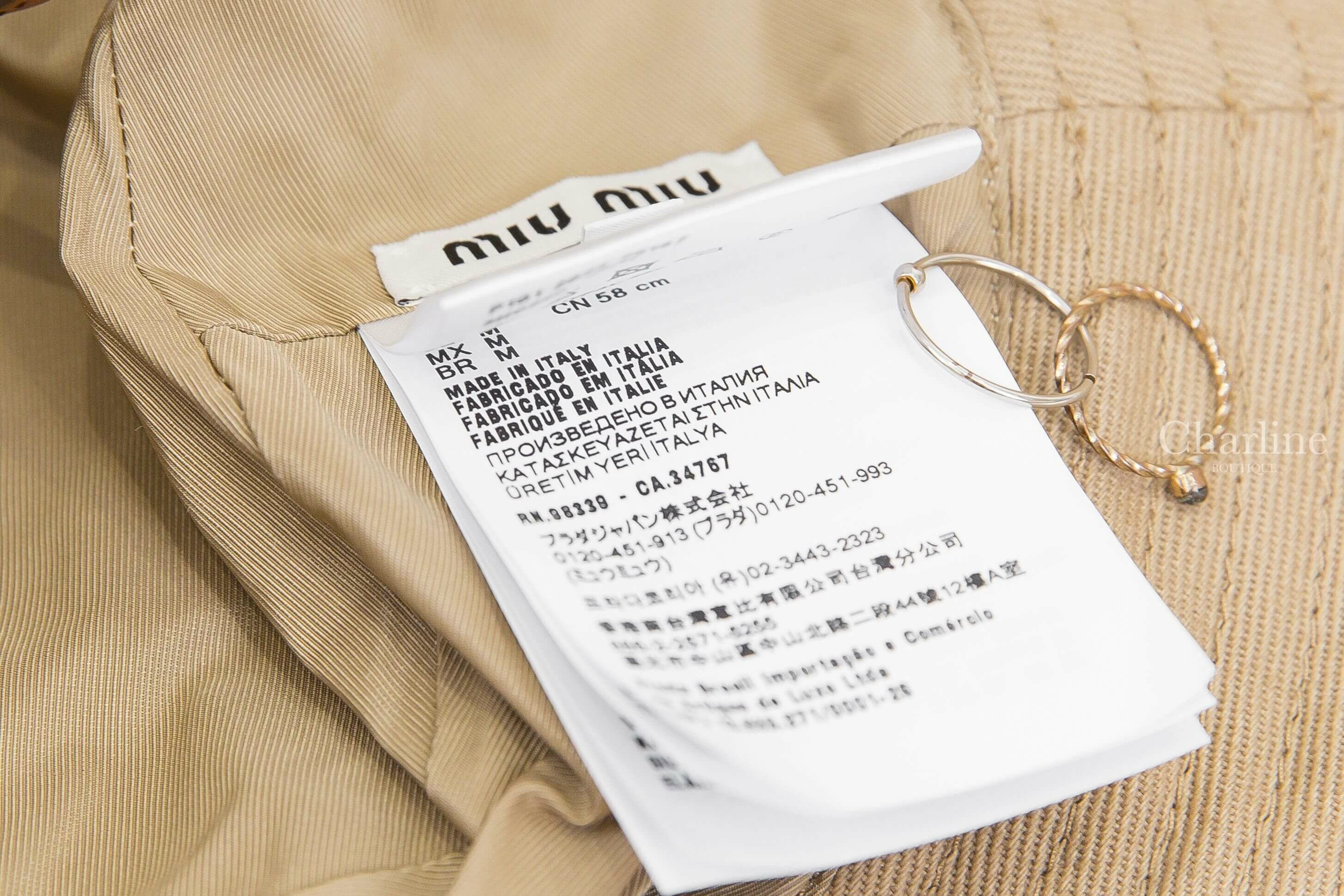 Miu Miu Drill Hat 卡其色刺繡白字棕色綁帶漁夫帽-Charline Boutique 精品代購