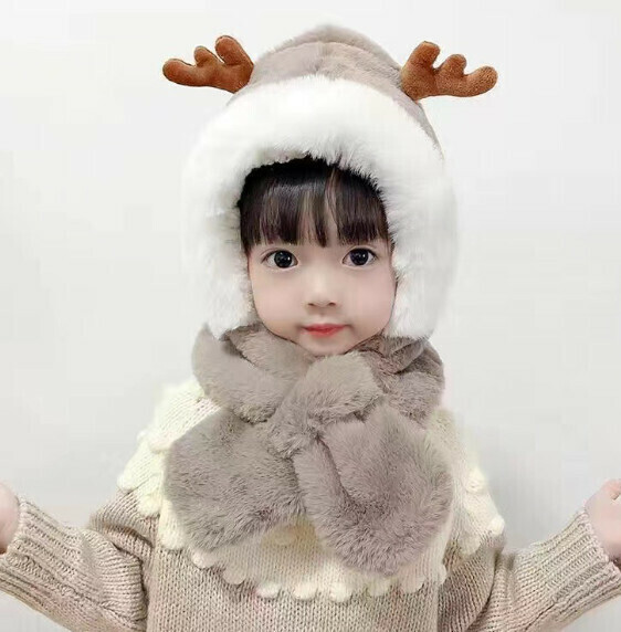 Boys and girls baby hats and scarves integrated warm windproof ear caps [antler gray] [one size]
