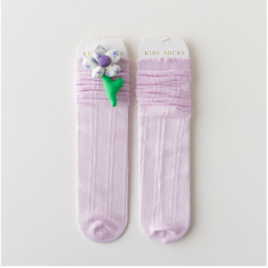 Girls Summer Long Thin Calf Socks (ML23-556 Flower Calf Socks (L152 Purple))