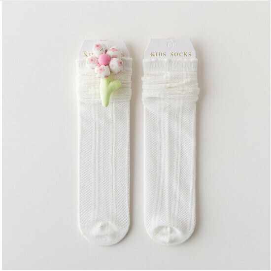 Girls Summer Thin Calf Socks (ML23-556 Flower Calf Socks (L12 White))