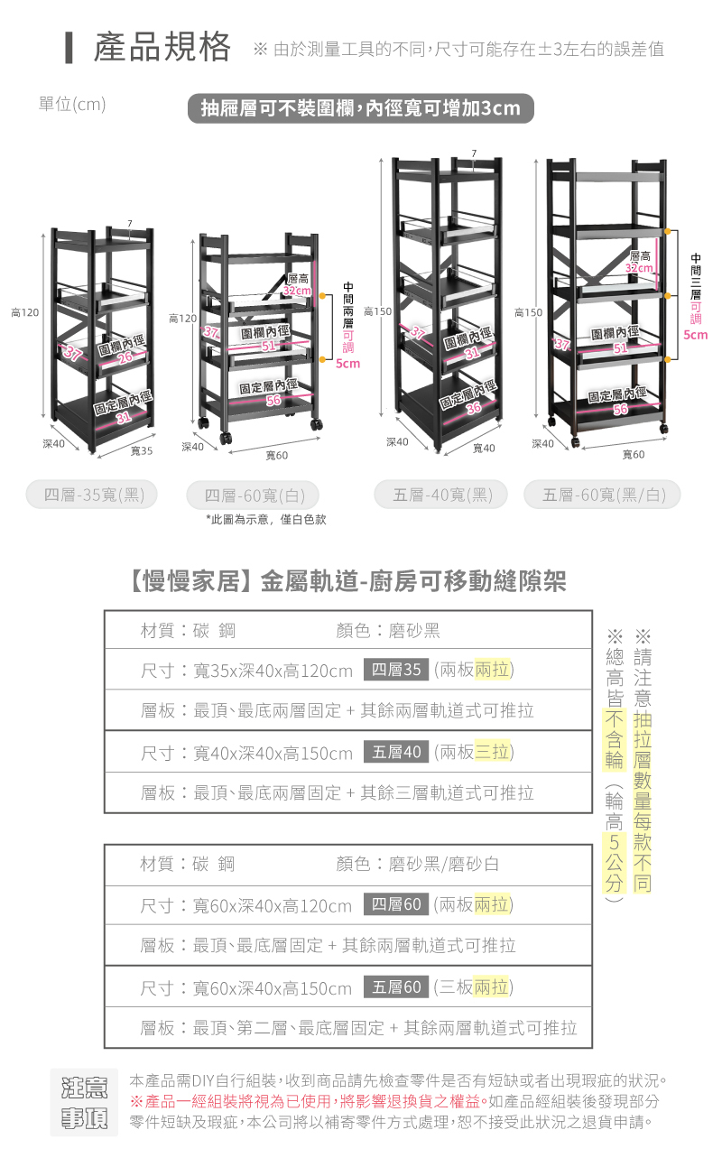 產品規格 由於測量工具的尺寸可能存在3左右的誤差值單位cm抽屜可不,可增加3cm 5cm120372612037圍欄。515cm,層高3.2cm高150高150圍欄」圍欄內徑313751固定內徑固定層內徑5631固定內徑36固定內徑56深40深4040深40寬60四層-35寬四-60寬*此圖為示意,僅白色-40寬(黑 五層-60寬(黑/白)高注高(高5)※層款不同【慢慢家居金屬軌道-廚房可移動縫隙架材質碳鋼顏色磨砂黑尺寸寬35x深40x高120cm 35()層板:最、最底固定+其餘兩層軌道式可推拉尺寸:寬40x深40x高150cm 五層40(兩板三拉)層板:最、最底兩層固定+其餘軌道式可推拉材質:碳 鋼顏色:磨砂黑/磨砂白尺寸:寬60x深40x高120cm 四層60(兩板兩拉)層板:最頂、最底層固定+其餘兩層軌道式可推拉尺寸:寬60x深40x高150cm 五層60(三板兩拉)層板:最頂、第二層、最底層固定+其餘兩層軌道式可推拉 本產品需DIY自行組裝,收到商品請先檢查零件是否有短缺或者出現瑕疵的狀況。※產品一經組裝將已使用,將影響退換貨之權益。如產品經組裝後發現部分 零件短缺及瑕疵,本公司將以補寄零件方式處理,恕不接受此狀況之退貨申請。