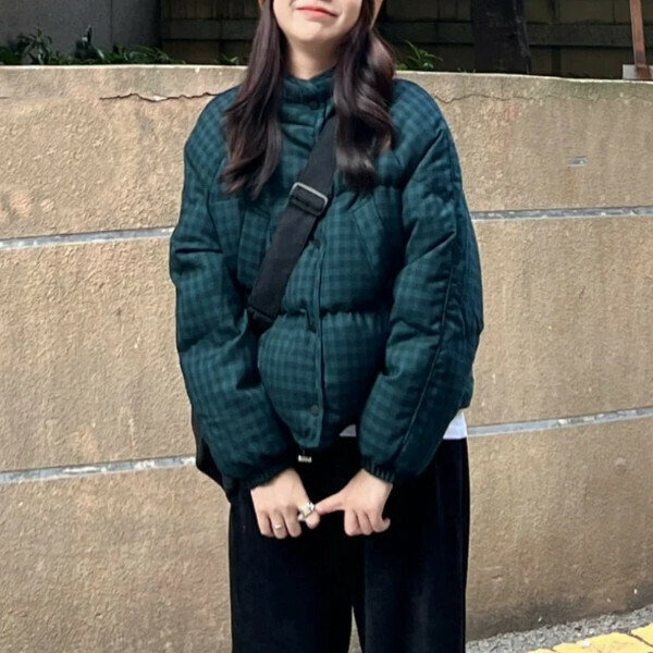 爆款立領格子羽絨服（綠色）（S/M/L/XL/2XL下單後與客服聯系發貨的尺碼）