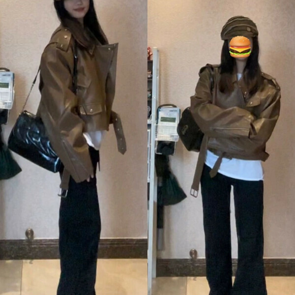 爆款短款皮衣（棕色）（S/M/L/XL/2XL下單後與客服聯系發貨的尺碼）