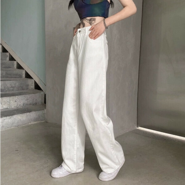 新款褲子女高腰寬鬆直筒休閒闊腿牛仔褲(白色)（S/M/L/XL下單後與客服聯繫發貨的尺碼）