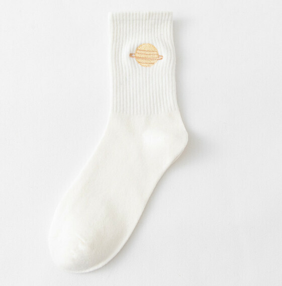 Hot recommended men's and women's embroidered planet mid-calf socks, cotton socks, student sports socks [white] [one size fits all]