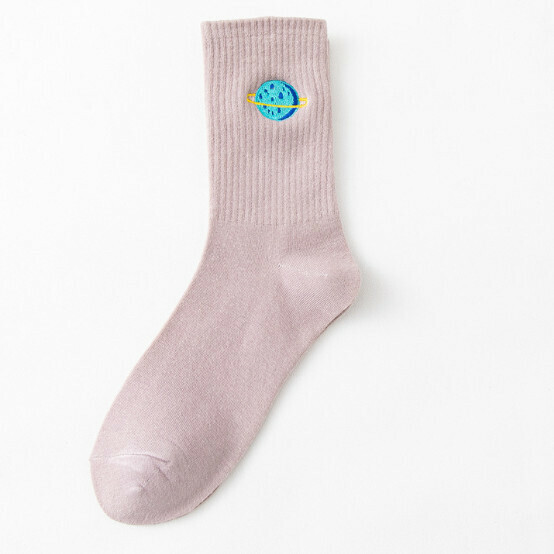 Hotly recommended men's and women's embroidered planet mid-calf socks, cotton socks, student sports socks [purple] [one size fits all]