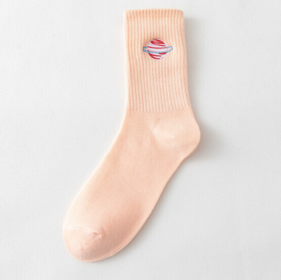 Hotly recommended men's and women's embroidered planet mid-calf socks, cotton socks, student sports socks [pink] [one size fits all]