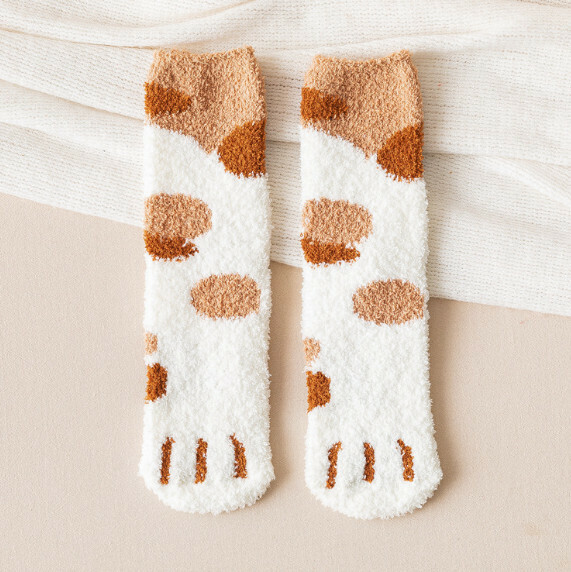 Hotly recommended autumn and winter women's velvet thickened warm casual socks mid-calf socks [Cat Claw-White Brown Spots] [One Size]