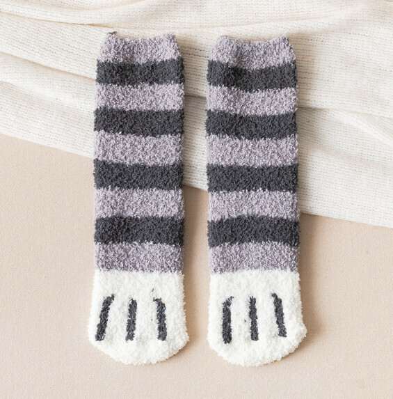 Popular autumn and winter women's thickened velvet warm casual socks mid-calf socks [Cat Claw-Dark Gray Horizontal Stripes] [One Size Fits All]