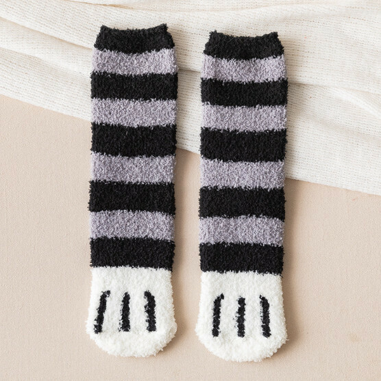 Hotly recommended autumn and winter women's velvet thickened warm casual socks, mid-calf socks [cat claw-black horizontal stripes] [one size fits all]