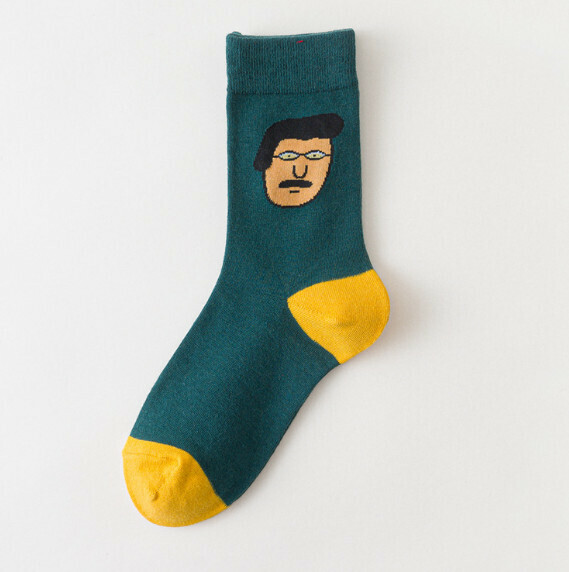 Popular creative funny cartoon jacquard men's and women's mid-high cotton socks [dark green men's] [one size fits all (34-43)]