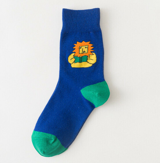 Popular creative funny cartoon jacquard men's and women's mid-high cotton socks [royal blue lion] [one size fits all (34-43)]