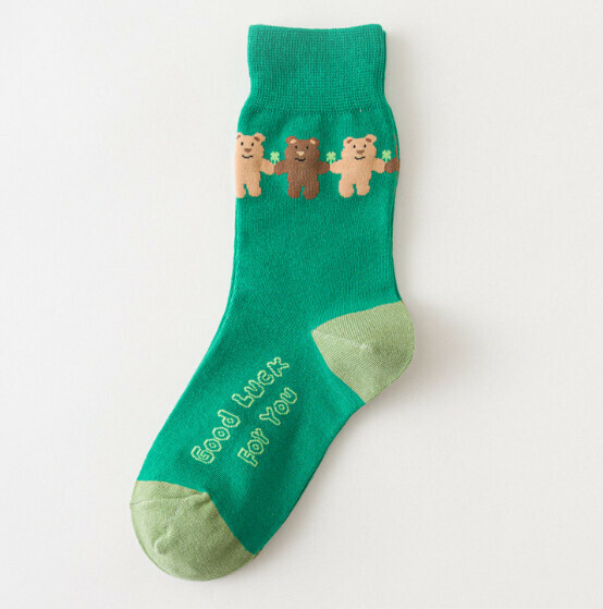 Popular creative funny cartoon jacquard men's and women's mid-high cotton socks [Dark Green Bear] [One size fits all (34-43)]