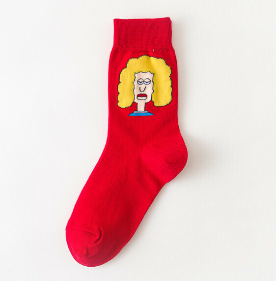 Popular creative funny cartoon jacquard men's and women's mid-high cotton socks [Big Red Girl] [One size fits all (34-43)]