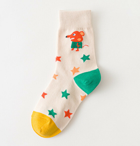 Popular creative funny cartoon jacquard men's and women's mid-high cotton socks [beige stars] [one size fits all (34-43)]