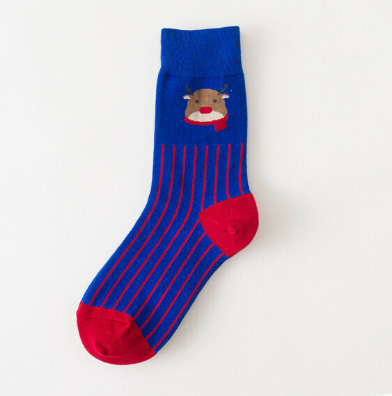 Popular creative funny cartoon jacquard men's and women's mid-high cotton socks [royal blue deer head] [one size fits all (34-43)]