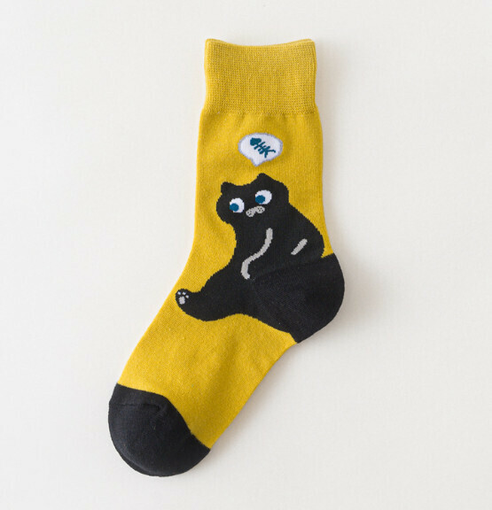 Popular creative funny cartoon jacquard men's and women's mid-high cotton socks [Ginger Black Cat] [One size fits all (34-43)]