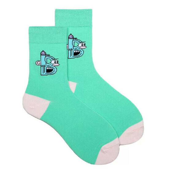 Popular creative funny cartoon jacquard men's and women's mid-high cotton socks [Light green B letter expression] [One size fits all (34-43)]