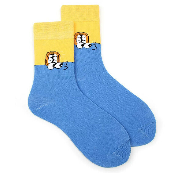 Popular creative funny cartoon jacquard men's and women's mid-high cotton socks [yellow and blue color matching expression] [one size fits all (34-43)]
