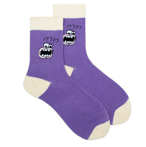 Popular creative funny cartoon jacquard men's and women's mid-high cotton socks [purple expression] [one size fits all (34-43)]